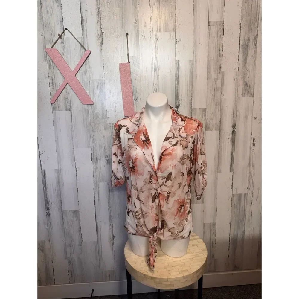 So It Is Floral Tie Front Blouse Womens Size Extra Large XL Roll Tab Sleeve Top
